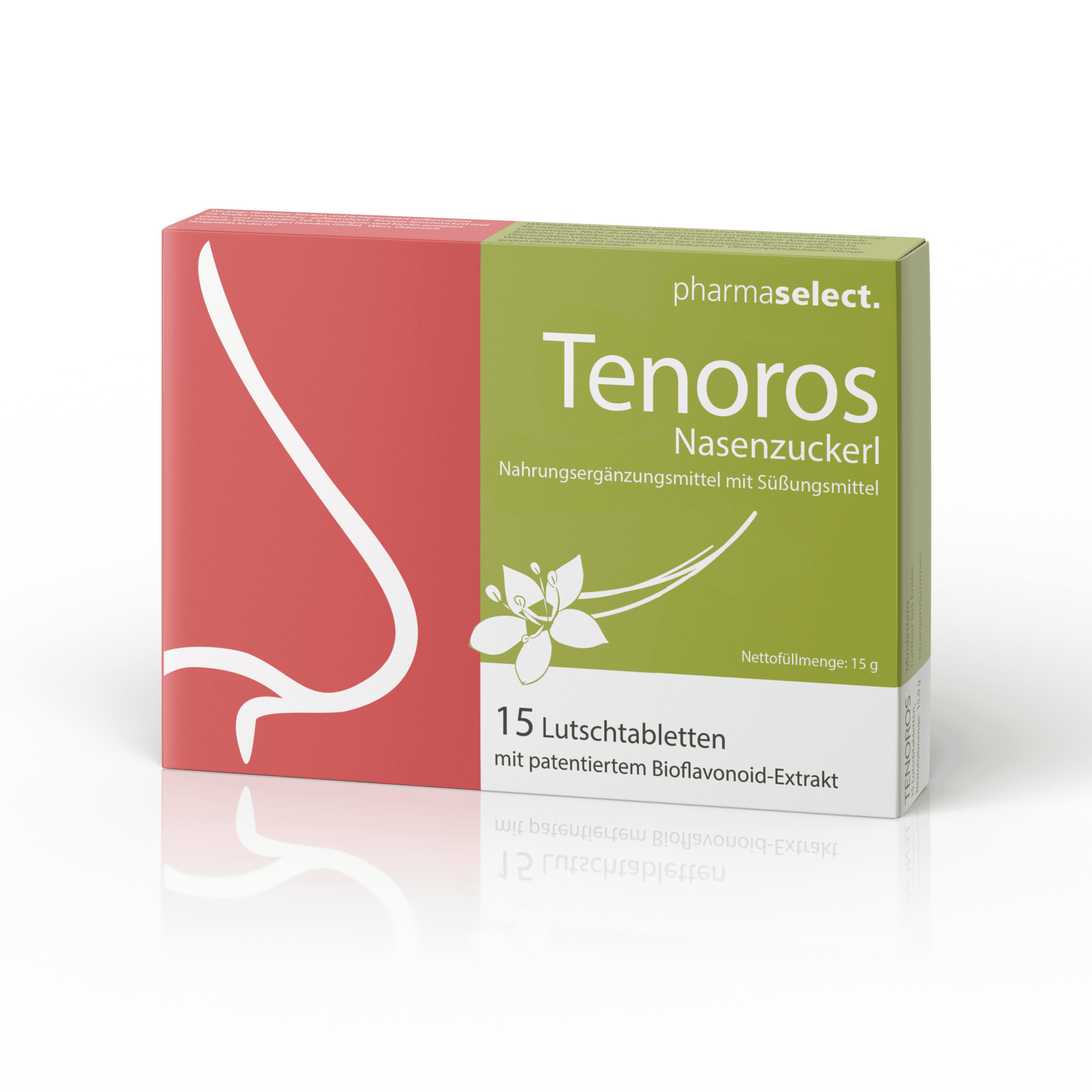 Packung mit Tenors Nasenzucker Lutschtabletten, pharmaSelect, 15 Stück.