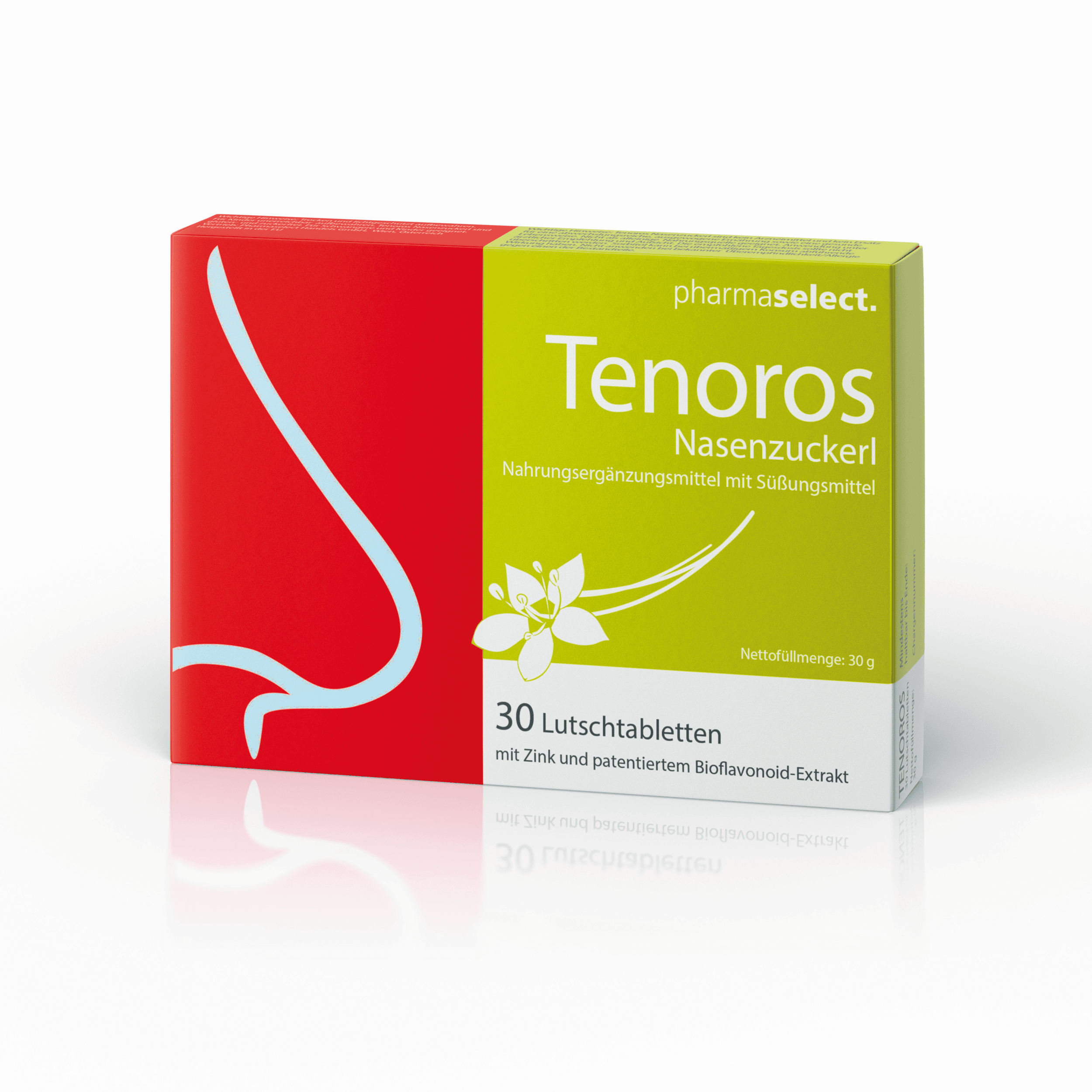 Packung mit Tenors Nasenzucker Lutschtabletten, pharmazeutische Nahrungsergänzung.