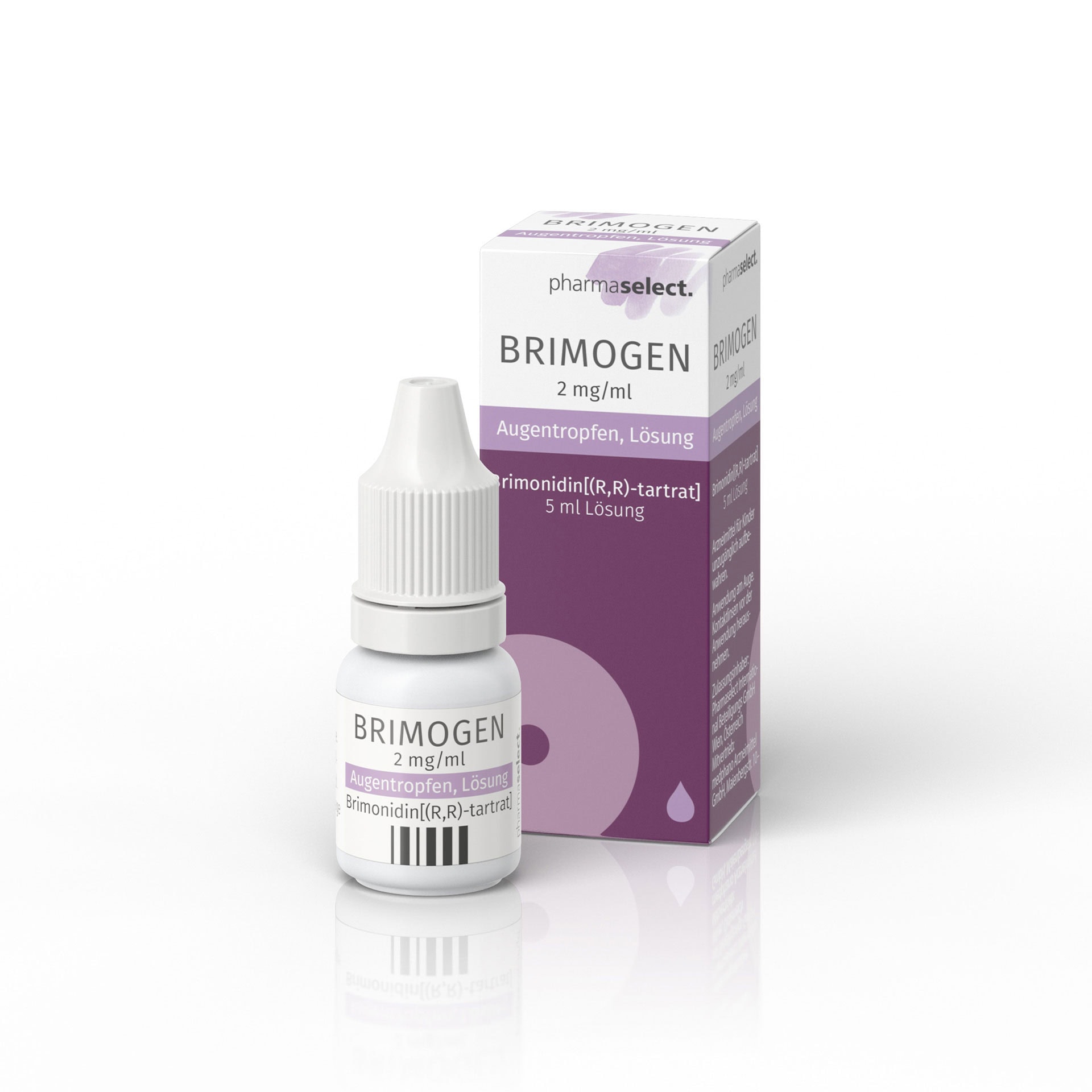 Brimogen Augentropfen Flasche und Verpackung, pharmazeutisches Produkt von pharmaselect.de.