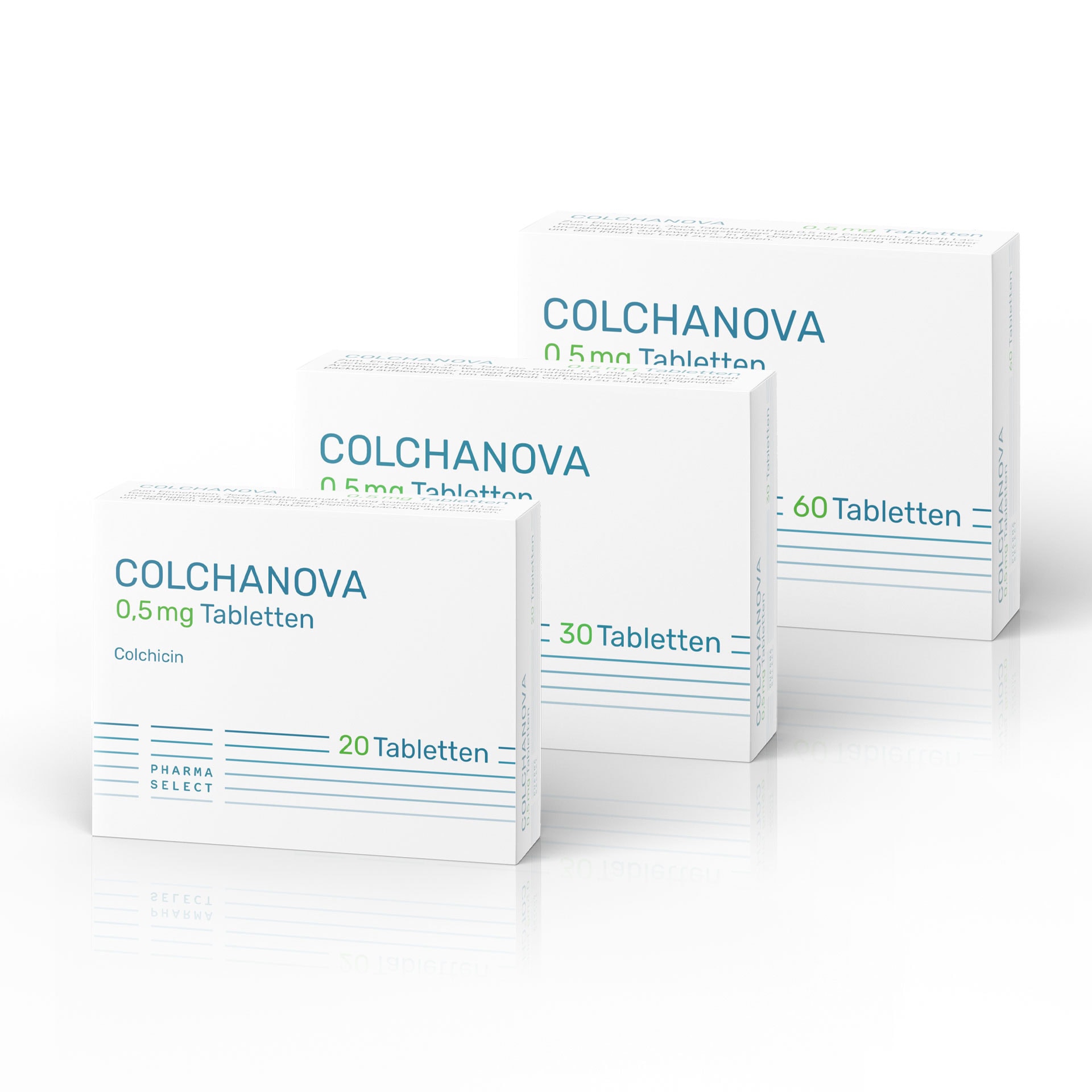 Packungen mit Colchanova 0,5 mg Tabletten, pharmazeutische Produkte von PharmaSelect.