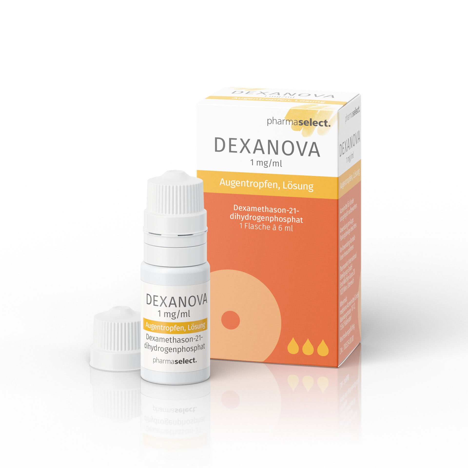 Dexamova Augentropfen in Flasche und Verpackung, pharmazeutische Lösung von pharmaselect.de.