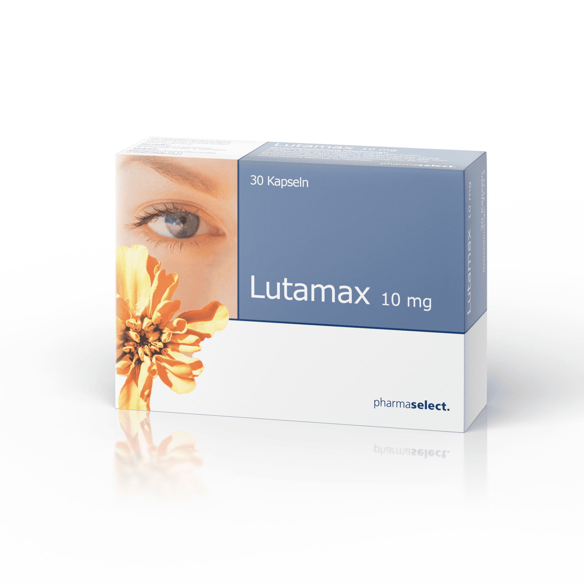 Lutamax 10 mg Medikamentenpackung mit Blume und Auge, pharmaSelect.