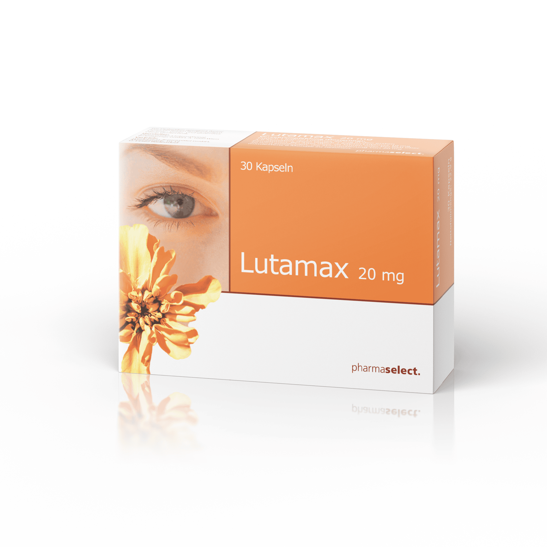 Verpackung von Lutamax 20 mg mit einem menschlichen Auge und einer Blume, pharmazeutische Fachinfo,.