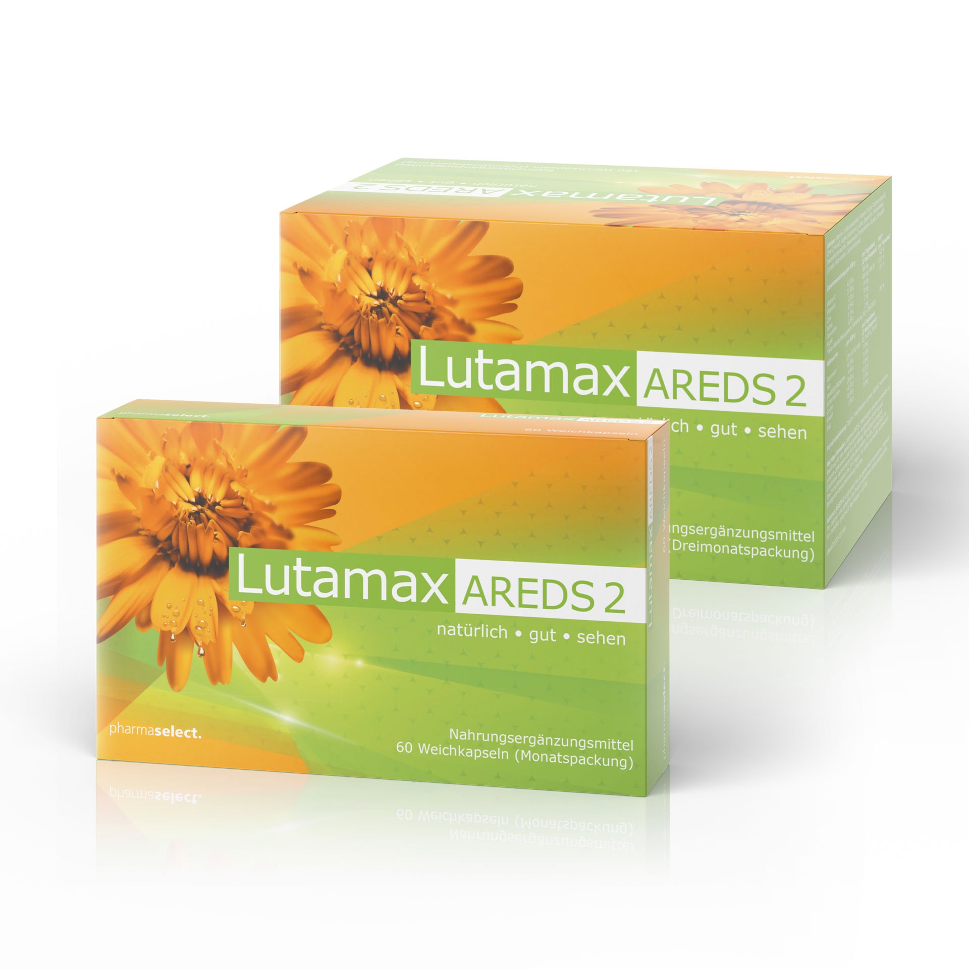 Lutamax ARED 2 Nahrungsergänzung in Verpackung mit orangefarbenen Blume, pharmazeutische Produktverz.