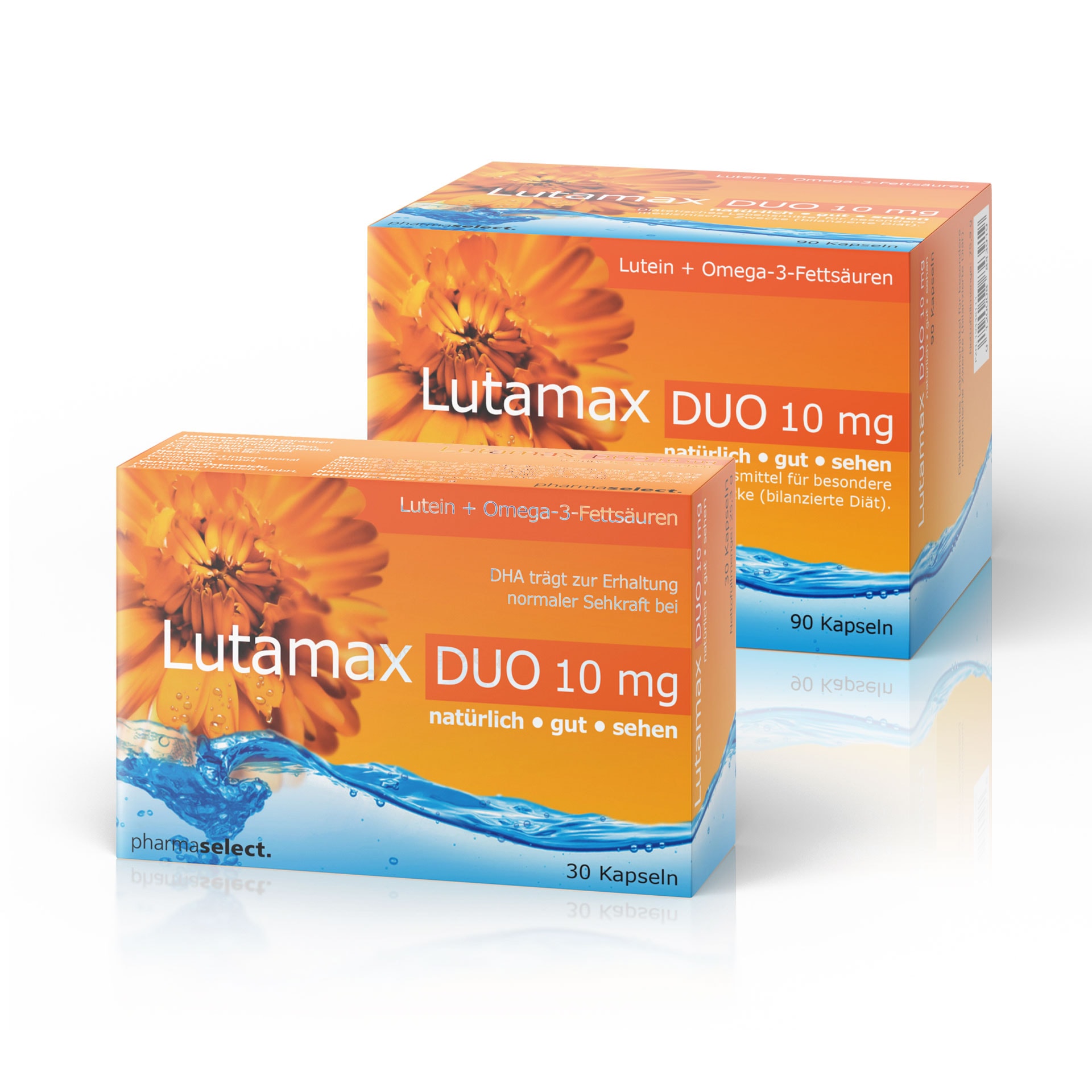Lutamax DUO 10 mg Kapseln mit orangefarbener Verpackung und Blume, pharmazeutisches Produkt von Phar.