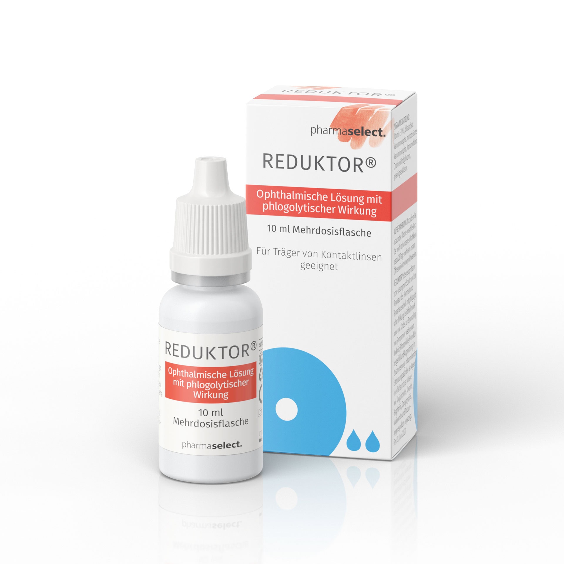 Reduktor® Augentropfen Flasche und Verpackung, pharmazeutische Lösung für Kontaktlinsenträger, vonph.